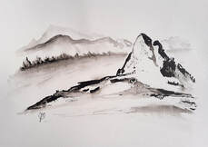 Rocher et montagnes, dessin de Jules Morissette
